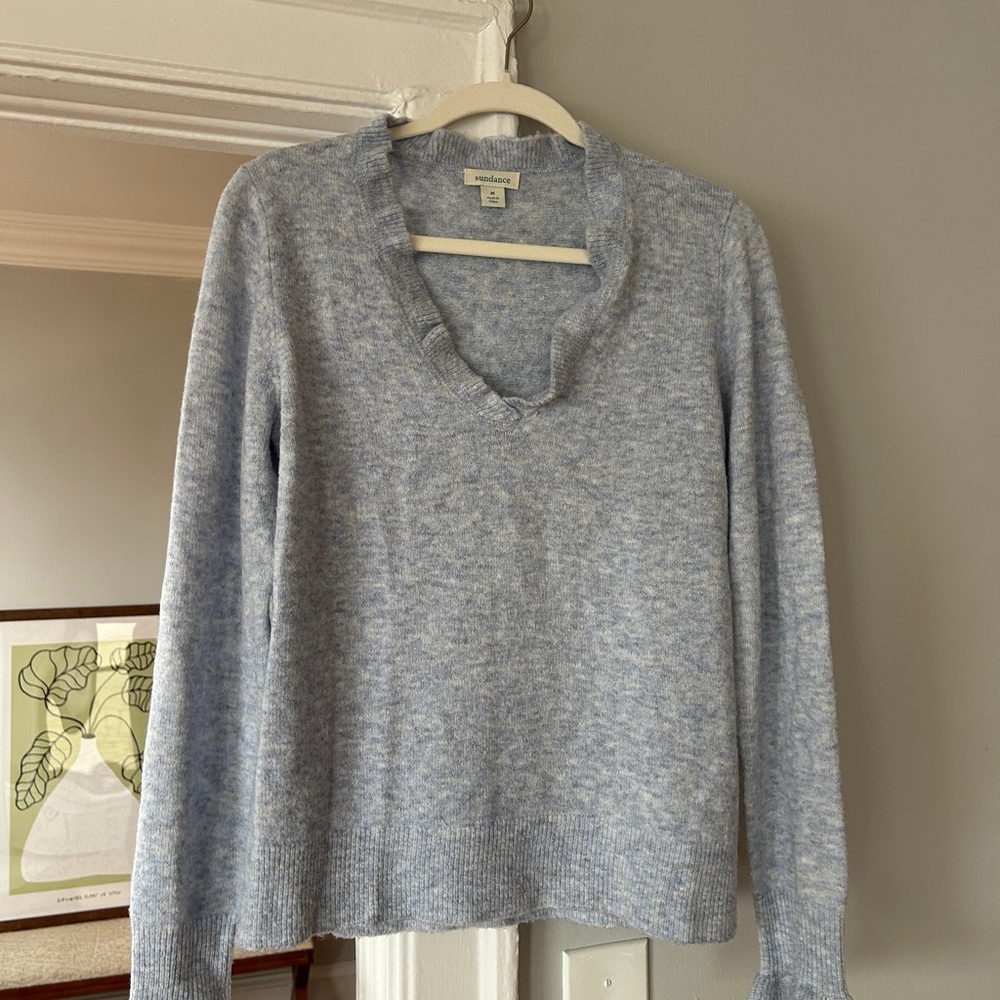 Sundance Heather Blue V-Neck Sweater with Ruffle Trim | Size Medium